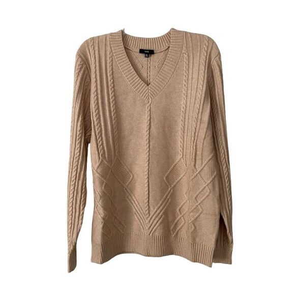 FATE Women's 1XL Khaki Cable Knit V-Neck Chunky Sweater Long Sleeve Pullover - Picture 1 of 11